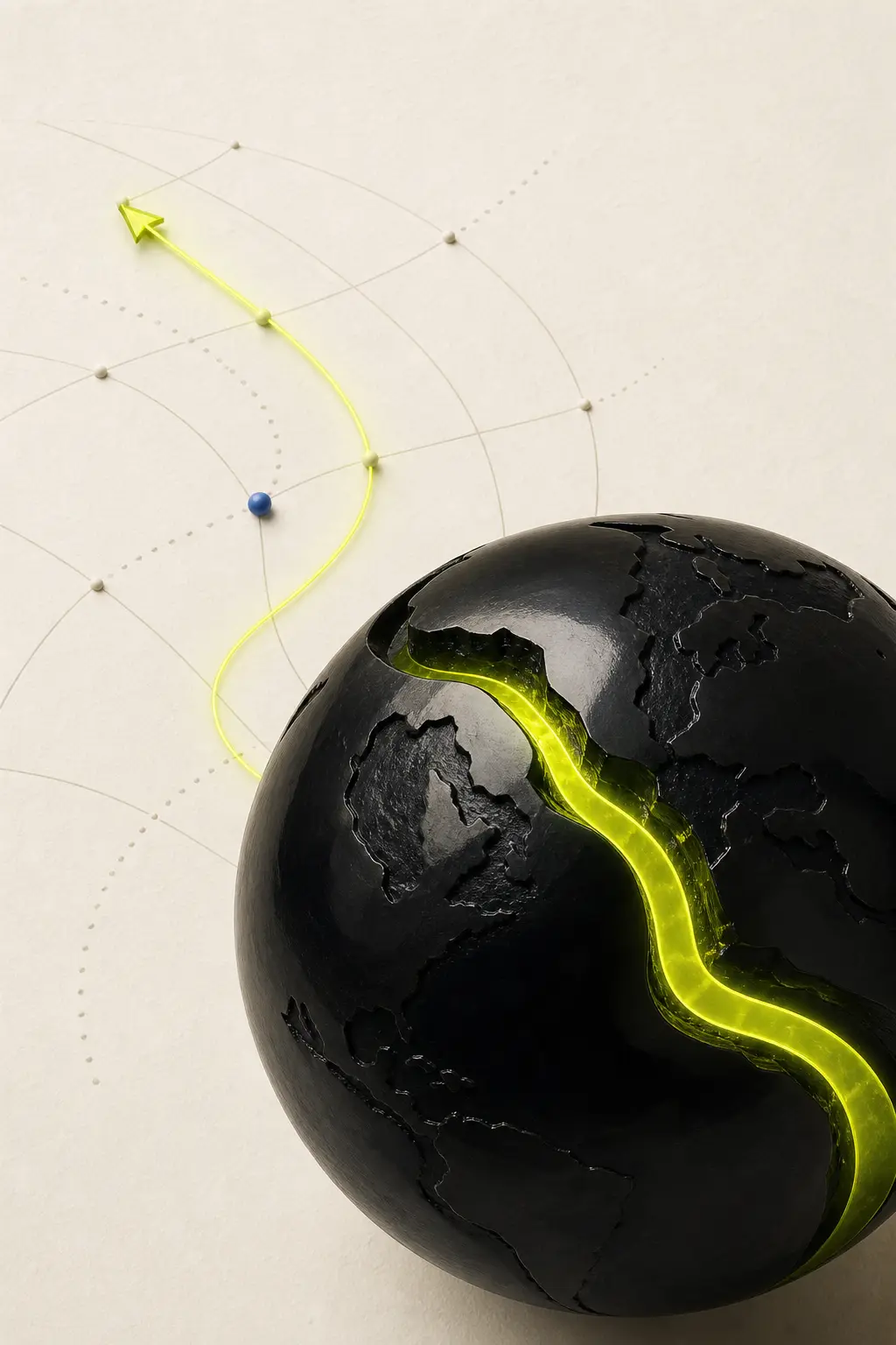 A luminous route crossing a black globe, representing products going global
