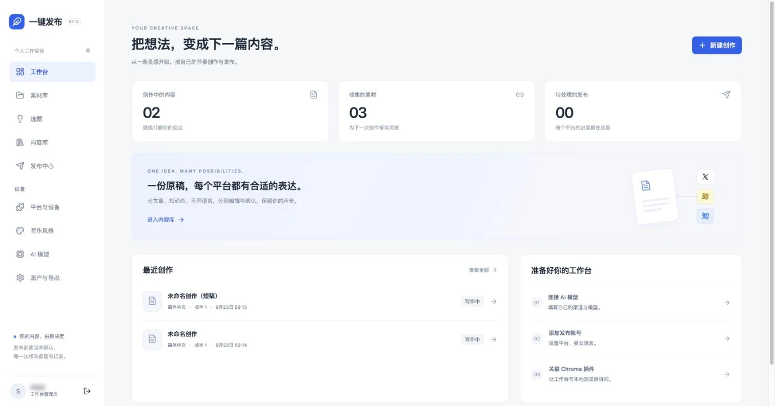 One-Click Publisher workspace home